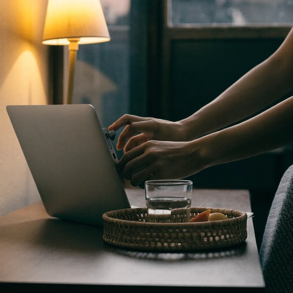 Two hands adjusting laptop settings at a plain desk in a quiet office