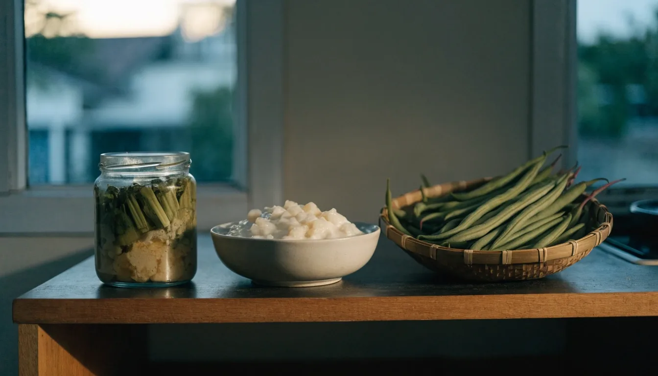 A home kitchen counter with a bowl of cooked vegetables and a paper note resting beside a pen in afternoon light