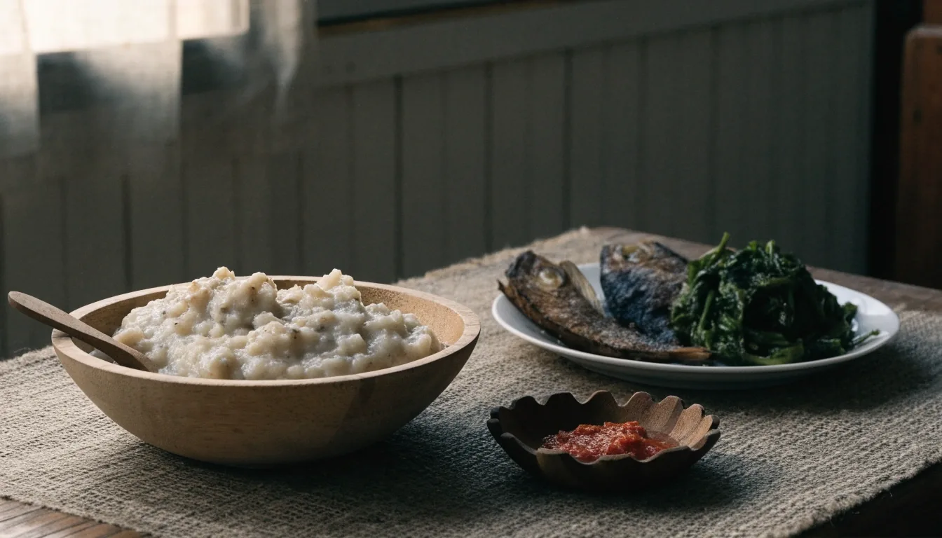 A bowl of papeda with grilled fish and greens beside it on a woven mat