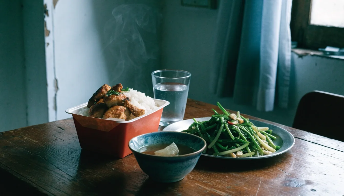 A mix of home-cooked and takeaway Indonesian dishes on one table