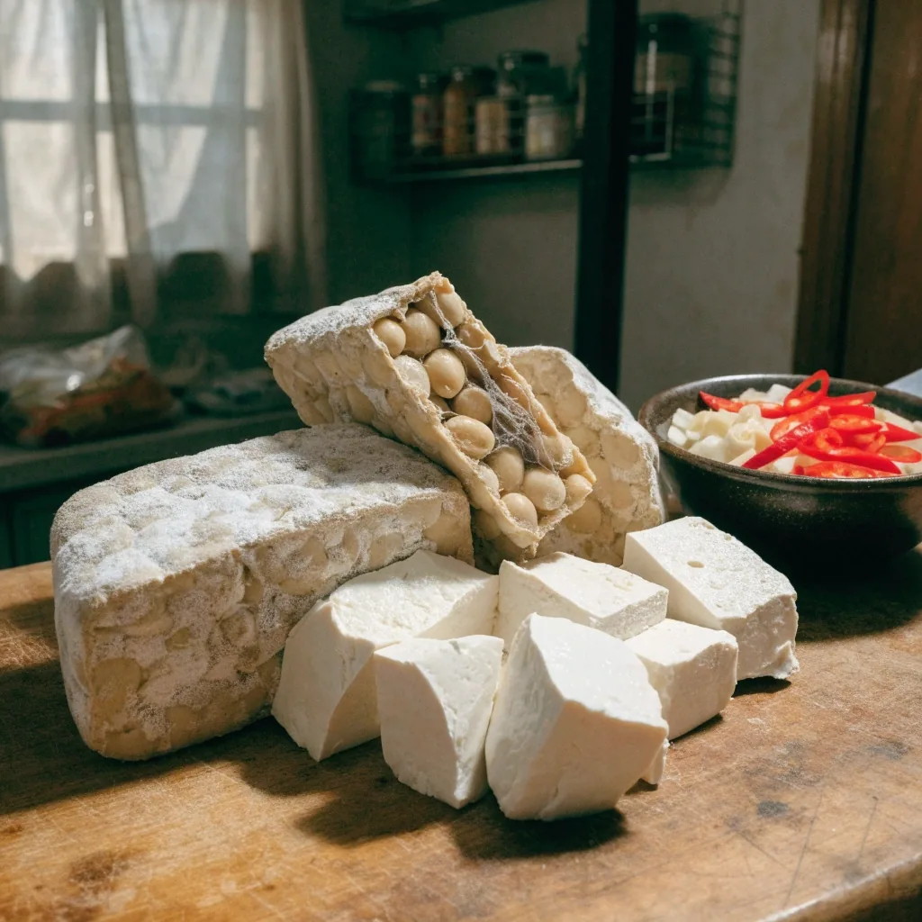 Fresh tempeh blocks and tofu pieces on a wooden cutting board with garlic and chilies