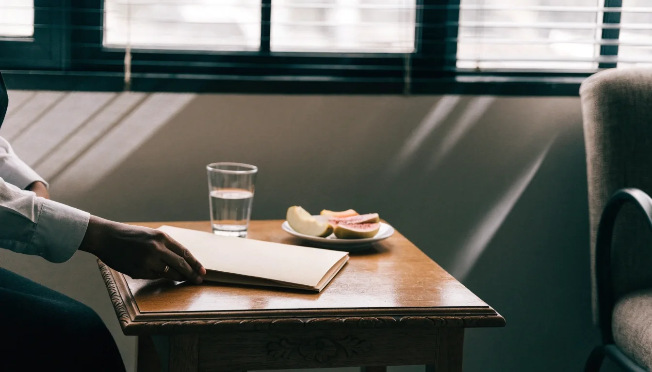 Closed consultation folder and glass of water on a cool-lit reading-room table
